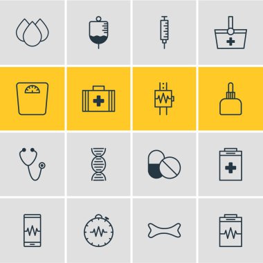 16 sağlık simgeler çizgi stili Illustration. Serum, kardiyogram, kardiyogram sinyalleri ve diğer simge öğeleri düzenlenebilir kümesi.