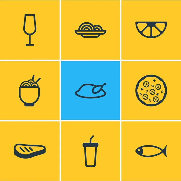 Ilustración de 9 iconos de comer estilo de línea. Conjunto editable de vino, espaguetis, fideos y otros elementos del icono . —  Fotos de Stock