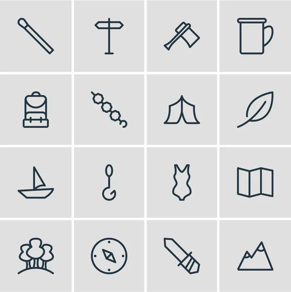 Illustratie van 16 toerisme pictogrammen lijnstijl. Marshmallow, boot, kaart en andere elementen van het pictogram bewerkbaar set. — Stockfoto