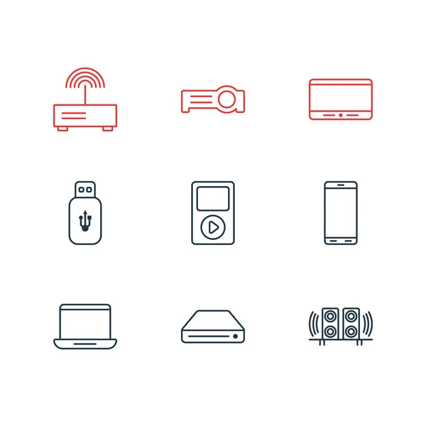 Ilustración de 9 iconos de dispositivo estilo de línea. Conjunto editable de disco duro, unidad flash, computadora portátil y otros elementos del icono . — Foto de Stock