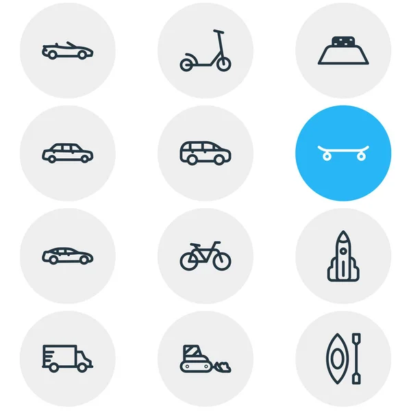 Illustrazione di 12 icone di transito stile linea. Set modificabile di bici, mpv, auto per la rimozione della neve e altri elementi icona . — Foto Stock