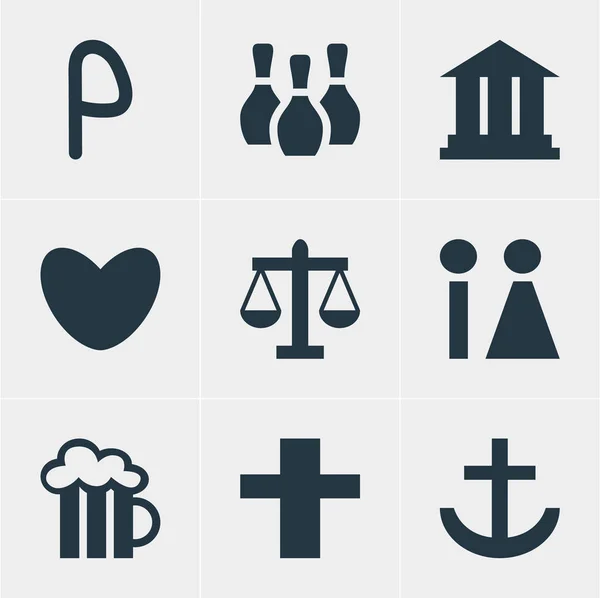 illustration of 9 travel icons. Editable set of pub, restroom, religion and other icon elements.