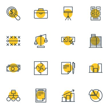 16 iş simgeleri çizgi stili vektör Illustration. Evrak çantası, binalar, sözleşme ve diğer simge öğeleri düzenlenebilir kümesi.