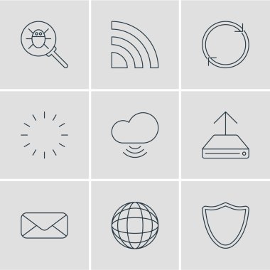 9 ağ kutsal kişilerin resmi çizgi stili vektör Illustration. Bulut ağ, posta, Büyüteç'i ve diğer simge öğeleri düzenlenebilir kümesi.