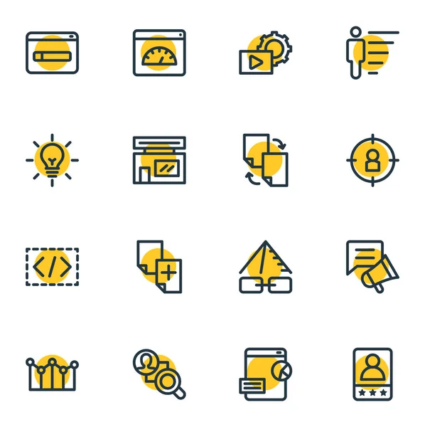 Illustrazione vettoriale di 16 icone pubblicitarie stile linea. Set modificabile di contenuti freschi, piramide di link, testimonianze dei clienti e altri elementi icona . — Vettoriale Stock