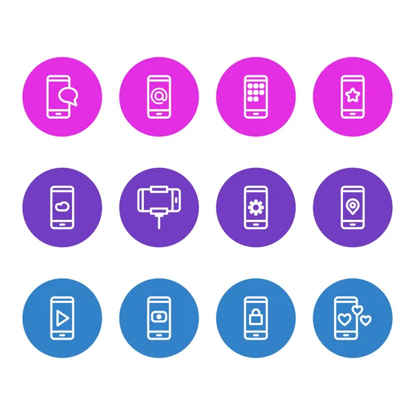 Ilustración vectorial de 12 iconos de teléfono estilo de línea. Conjunto editable de bloqueo, selfie stick, corazón y otros elementos del icono . — Archivo Imágenes Vectoriales