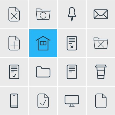 16 çalışma alanı simgeleri çizgi stili vektör Illustration. Düzenlenebilir küme posta, eklemek, onaylayın ve diğer simge öğeleri.