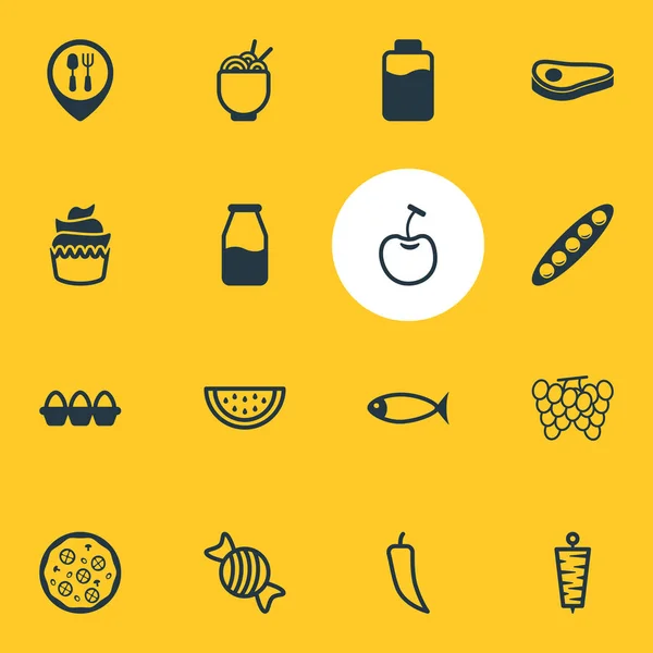 Ilustración vectorial de 16 iconos de comida estilo línea. Conjunto editable de botella de leche, sandía, kebab y otros elementos del icono . — Archivo Imágenes Vectoriales