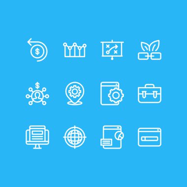 12 reklam simgeler çizgi stili vektör Illustration. Pazarlama stratejisi, domain tescili, doğal bağlantı ve diğer simge öğeleri düzenlenebilir kümesi.