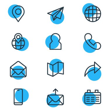 12 kişi simgeler çizgi stili vektör Illustration. Takvim, pozisyon, kağıt uçak ve diğer simge öğeleri düzenlenebilir kümesi.