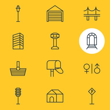 12 simgeleri çizgi stili vektör Illustration. House, alışveriş, bina ve diğer simge öğeleri düzenlenebilir kümesi.