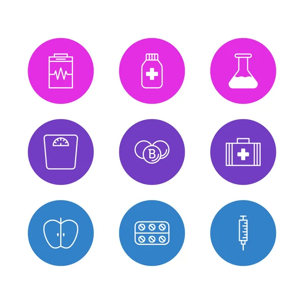Ilustración de 9 iconos de salud estilo de línea. Conjunto editable de frasco, caja de primeros auxilios, envase para medicamentos y otros elementos del icono . —  Fotos de Stock