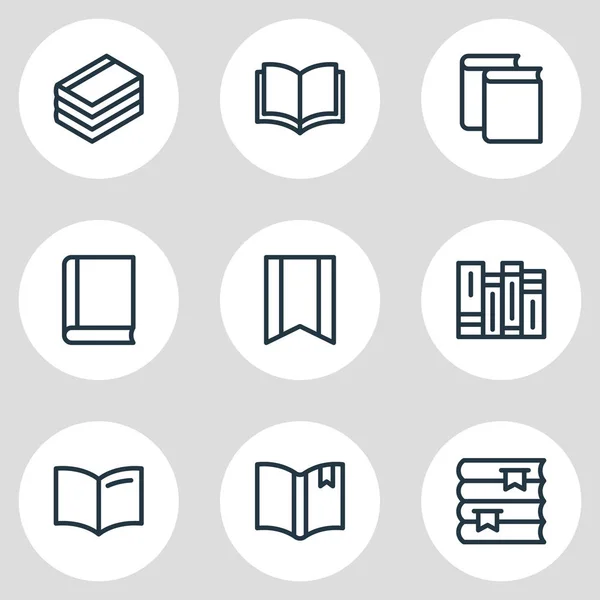 Ilustración de 9 iconos de lectura de libros estilo de línea. Conjunto editable de educación, estantería, documento y otros elementos del icono . — Foto de Stock