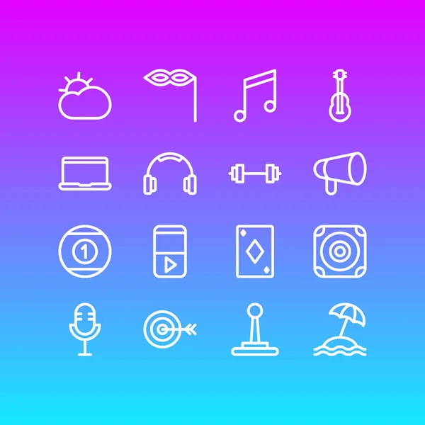 Ilustração de 16 ícones de lazer estilo linha. Conjunto editável de alto-falante, bilhar, microfone e outros elementos de ícone . — Fotografia de Stock