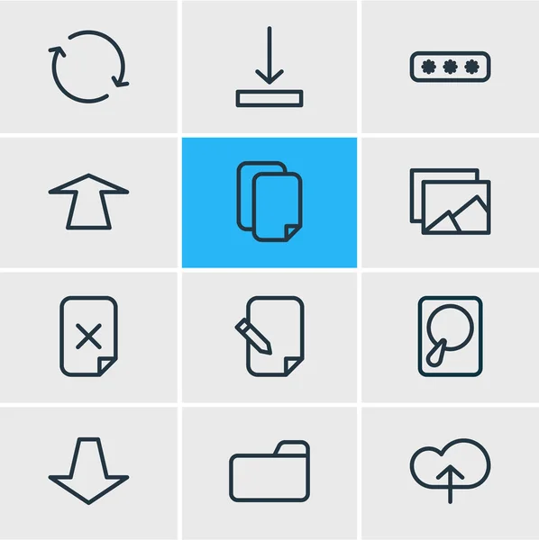 Векторная иллюстрация стиля линии 12 иконок архива. Набор элементов pull, sync, push и других иконок . — стоковый вектор