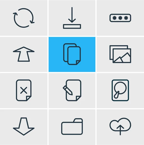 Illustrazione di 12 icone di memoria stile linea. Set modificabile di elementi pull, sync, push e altre icone . — Foto Stock