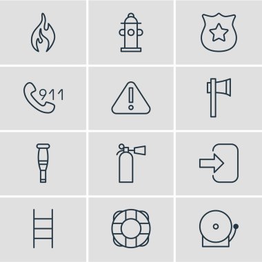 12 zorunluluk simgeler çizgi stili vektör Illustration. Alarm, çıkış, yangın söndürücü ve diğer simge öğeleri düzenlenebilir kümesi.