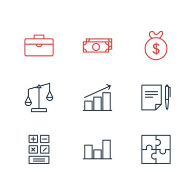 9 ticaret simgeler çizgi stili vektör Illustration. Grafik, sözleşme, hesap makinesi ve diğer simge öğeleri düzenlenebilir kümesi.