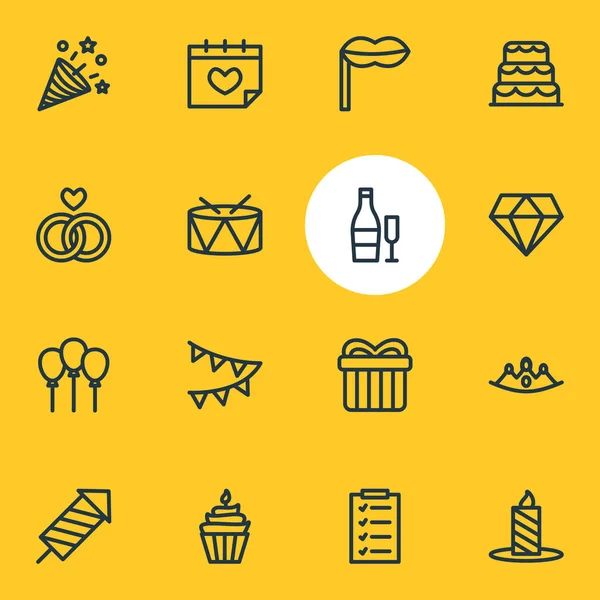 Ilustración vectorial de 16 iconos de eventos estilo línea. Conjunto editable de velas, pasteles, elementos de iconos de globos . — Archivo Imágenes Vectoriales