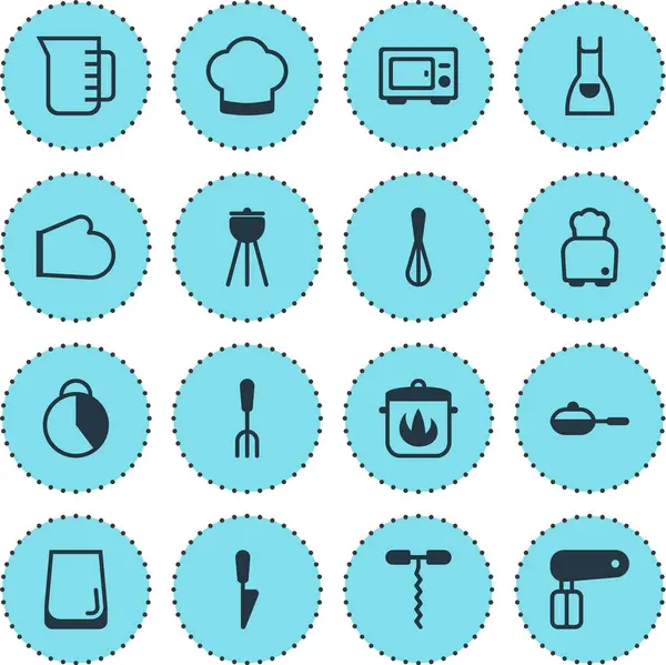 Ilustración vectorial de 16 iconos de restaurantes. Conjunto editable de taza de medición, sartén caliente, elementos del icono del mezclador de mano . — Archivo Imágenes Vectoriales