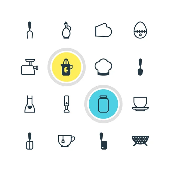 Ilustración de 16 iconos de la cocina. Conjunto editable de tenedor de barbacoa, tarro, delantal y otros elementos del icono . —  Fotos de Stock