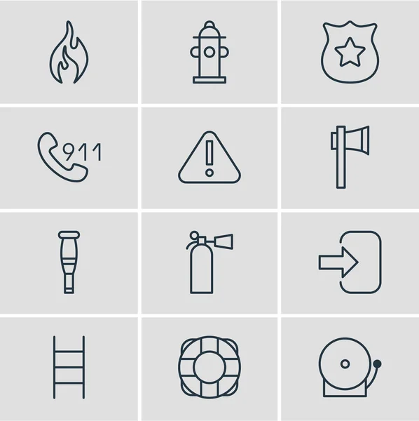 illustration of 12 emergency icons line style. Editable set of alarm, exit, extinguisher and other icon elements.