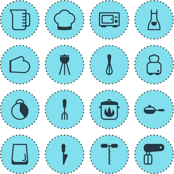 Illustratie van 16 keukengerei pictogrammen. Bewerkbare set meten cup, hete pan, hand mixer pictogram elementen. — Stockfoto