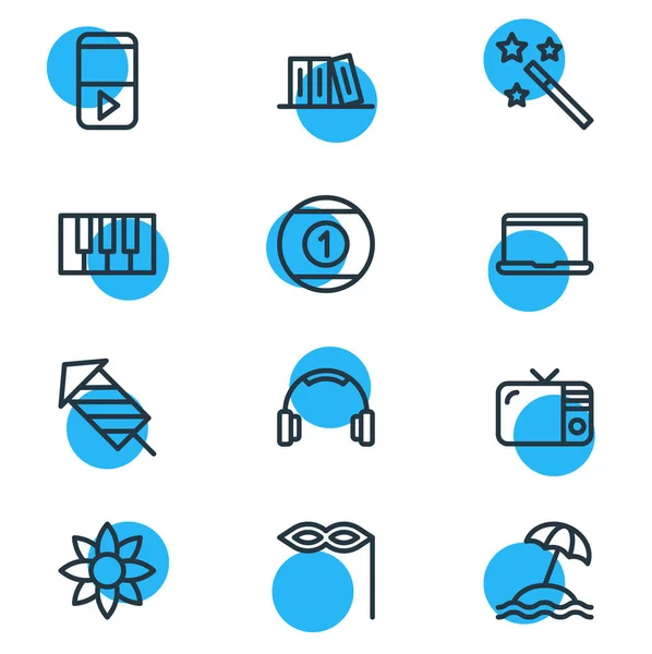 Illustratie van 12 entertainment pictogrammen lijnstijl. Bewerkbare set van piano, bibliotheek, laptop en andere elementen van het pictogram. — Stockfoto