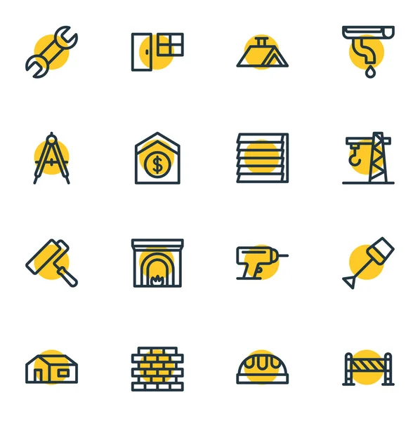 Ilustración de 16 iconos de la industria estilo de línea. Conjunto editable de barrera, llave inglesa, grúa y otros elementos del icono . —  Fotos de Stock