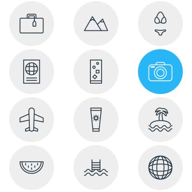 12 sezon simgeler çizgi stili vektör Illustration. Düzenlenebilir dizi Adası, sunscreem, karpuz simgesi öğeleri.