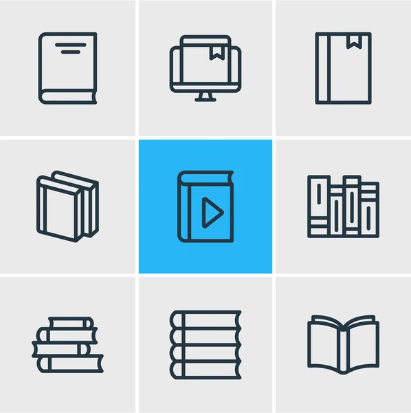 Ilustración vectorial de 9 iconos de lectura de libros estilo línea. Conjunto editable de reproductor, literatura, conferencias y otros elementos de iconos . — Vector de stock