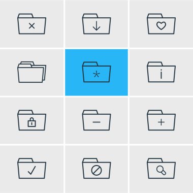 12 klasör simgeleri çizgi stili vektör Illustration. Düzenlenebilir küme dosyası, kilitli, arama ve diğer simge öğeleri.