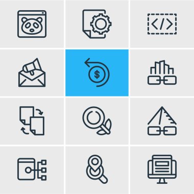 12 reklam simgeler çizgi stili vektör Illustration. Yerel arama, özel düzenlenebilir set kodlama, bağlantı bina ve diğer simge öğeleri.