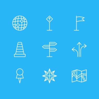 9 yer simgeler çizgi stili vektör Illustration. Bayrak, harita, dünya ve diğer simge öğeleri düzenlenebilir kümesi.