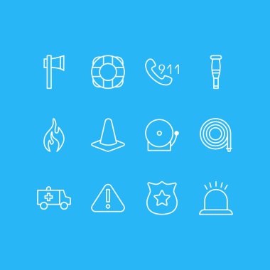 12 acil durum simgeleri çizgi stili vektör Illustration. Dikkat, lifebuoy, hortum ve diğer simge öğeleri düzenlenebilir kümesi.