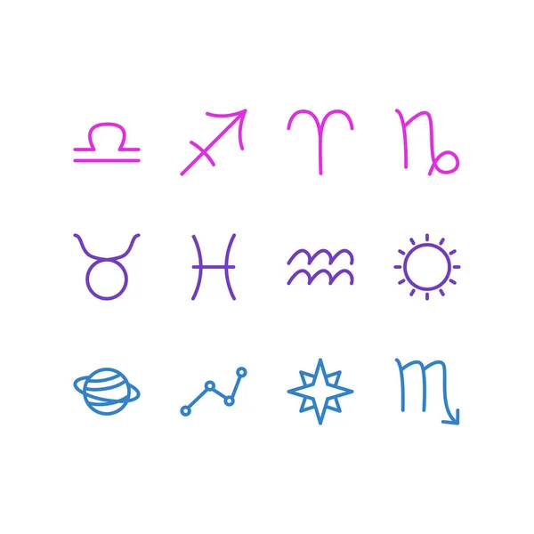 Vectorillustratie van 12 astrologie pictogrammen lijnstijl. Bewerkbare reeks van taurus, vissen, ster en andere elementen van het pictogram. — Stockvector