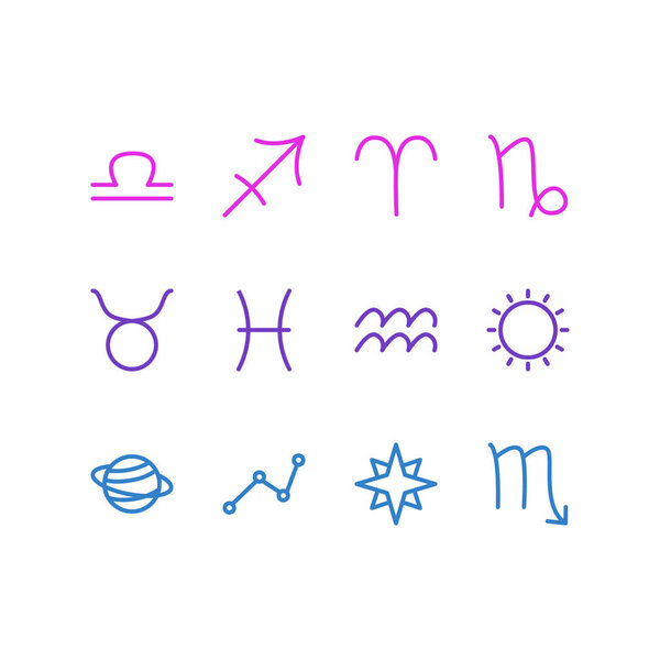 Vector illustration of 12 astrology icons line style. Editable set of taurus, pisces, star and other icon elements.