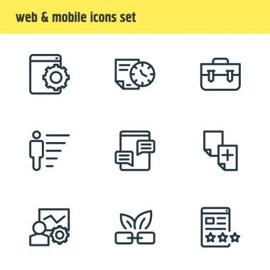 Vektör çizim simgeler çizgi stili reklam 9. Seo eğitim grafik adam dişli, yorum blogu, sayfa kalite ve diğer simge öğeleri düzenlenebilir kümesi.