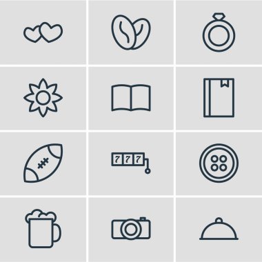 12 hobi simgeleri çizgi stili vektör Illustration. Kahve, kamera, yemek ve diğer simge öğeleri düzenlenebilir kümesi.