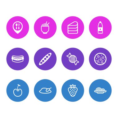 Vektör çizim 12 simgeleri çizgi stili yeme. Düzenlenebilir dizi erişte, şeker, pasta simgesi öğeleri.