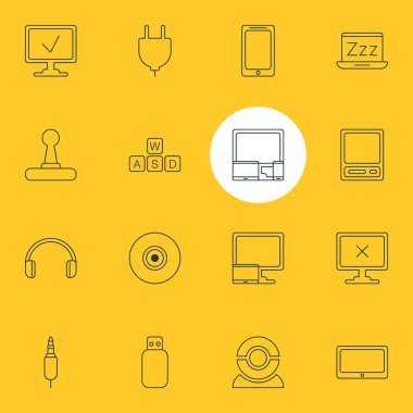 16 dizüstü bilgisayar simgeleri çizgi stili vektör Illustration. Tak, vintage bilgisayar, masaüstü bilgisayar ve diğer simge öğeleri düzenlenebilir kümesi.