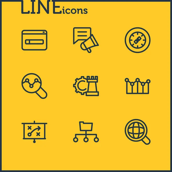 Ilustración vectorial de 9 iconos de publicidad estilo de línea. Conjunto editable de búsqueda global, campaña de redes sociales, registro de dominios y otros elementos de iconos . — Vector de stock