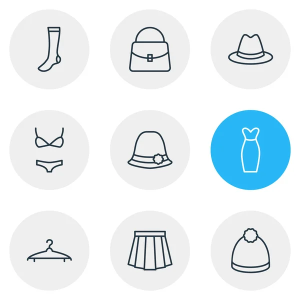 Illustration vectorielle de 9 icônes de vêtements style ligne. Ensemble modifiable de chaussettes, jupe, robe de soirée et autres éléments emblématiques . — Image vectorielle
