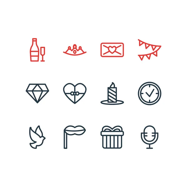 Vektorillustration av 12 part ikoner linjeformat. Redigerbara uppsättning diamond, dove, candle ikonen element. — Stock vektor