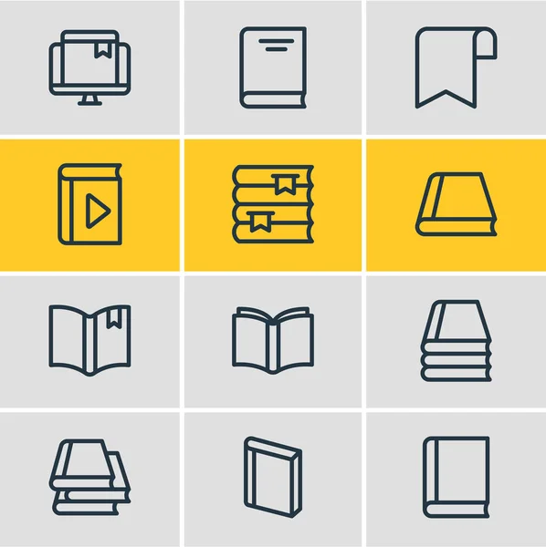 Vectorillustratie van 12 onderwijs pictogrammen lijnstijl. Boekenplank, boekencollectie, kennis en andere elementen van het pictogram bewerkbaar set. — Stockvector