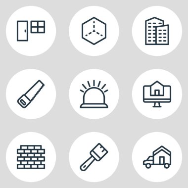 9 inşaat simgeler çizgi stili vektör Illustration. Güvenlik, testere, pencere ile kapı ve diğer simge öğeleri düzenlenebilir kümesi.
