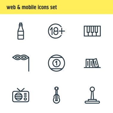 9 boş zaman simgeleri çizgi stili vektör Illustration. Gitar, alkol, Kütüphane ve diğer simge öğeleri düzenlenebilir kümesi.