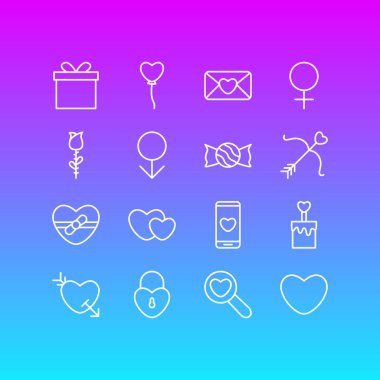 16 aşk simgeler çizgi stili vektör Illustration. Telefon, çiçek, pasta ve diğer simge öğeleri düzenlenebilir kümesi.
