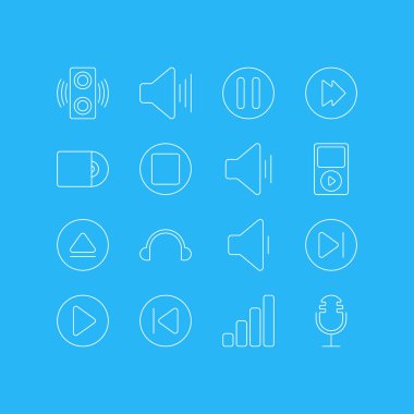 16 melodi simgeler çizgi stili vektör Illustration. Çıkarma, phonic, kulaklık ve diğer simge öğeleri düzenlenebilir kümesi.