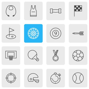 16 spor simgeleri çizgi stili vektör Illustration. Bilardo, Üniforma, kronometre ve diğer simge öğeleri düzenlenebilir kümesi.